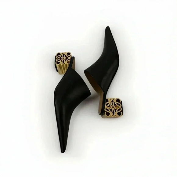 NEW LOEWE Anagram Black Gold Pointed Slip On Mules 6Chunk Heel, SiZE 36EU - Picture 5 of 9